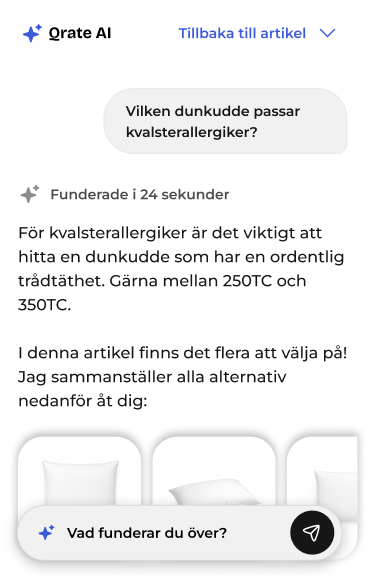 Qrate AI-chatt: en fråga om dunkuddar och svaret med produkttips